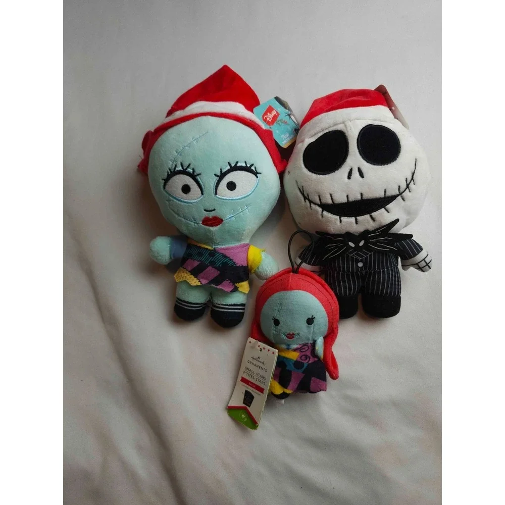 Nightmare Before Christmas Plush Lot Jack Sally Santa Hats & Hallmark Ornament